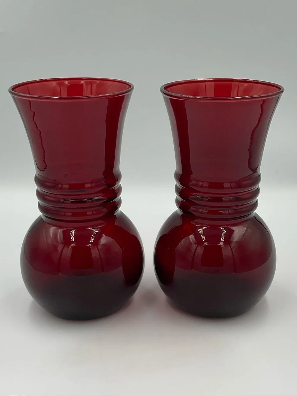 Vintage Anchor Hocking Royal Ruby Red Optic Swirl Ball Vases Set of 2